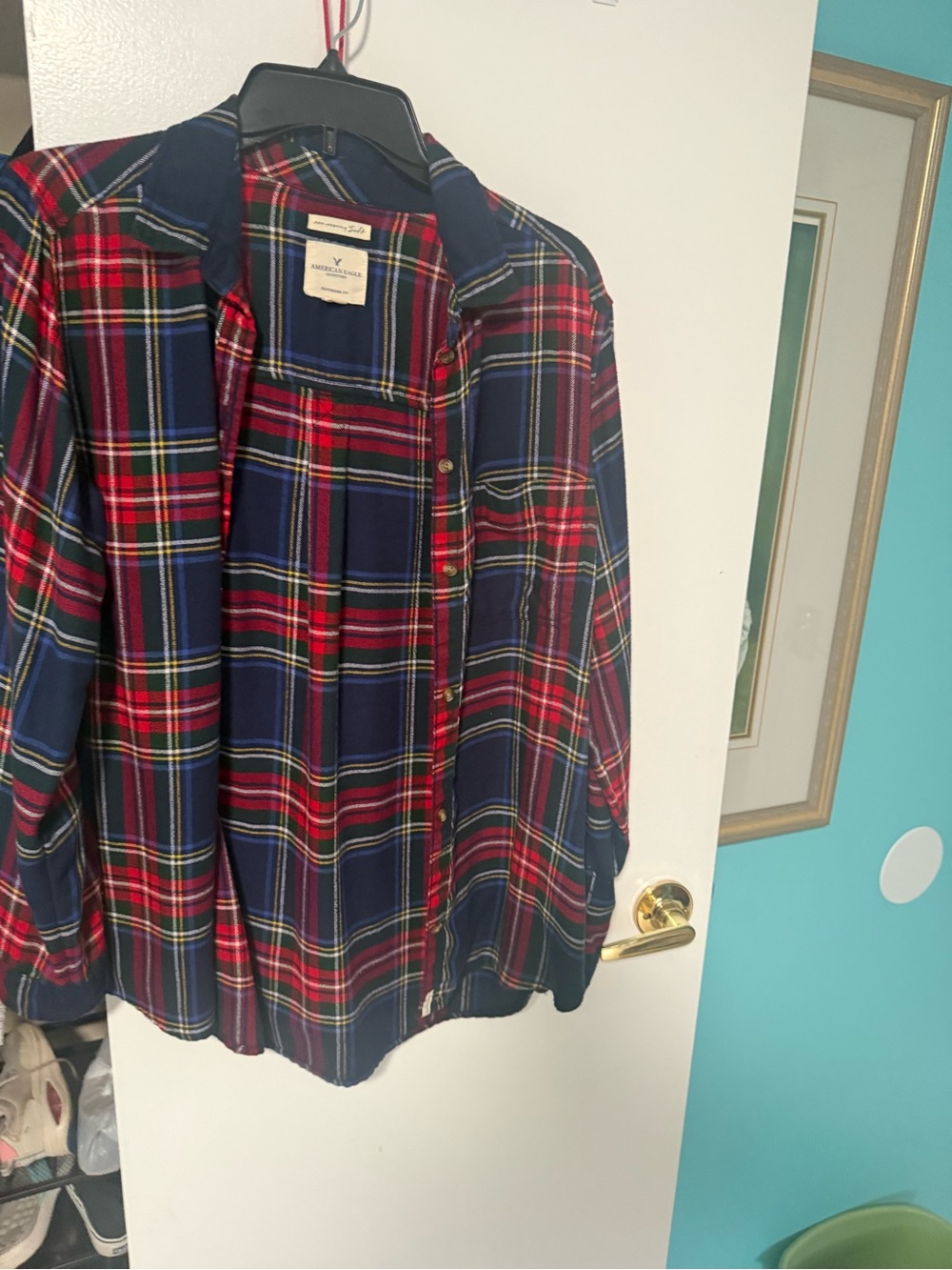 American Eagle Outfitters Red & Navy Plaid Button-Down Shirt